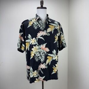Tommy Bahama Silk Floral Shirt Mens L Black Tropical Button Up Camp‎ Aloha